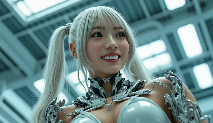 Beautiful Face,The face is Japan , 1 woman, big, Curvaceous, (16 kg, raw photo, top quality, masterpiece: 1.2), (HDR, realistic, photorealistic: 1.37) ( tube connected to body ), (bikini cyborg robot parts)))), (Light Grey Hair), long hair, Wave Hair, twin...
