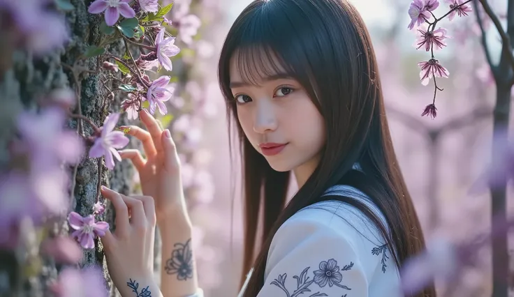 プロンプト: デジタルアニメの活気に満ちた世界で, 魅惑的で珍しいドライアドが住んでいる. 彼女は幻想的な環境の中で、否定できない優雅さを漂わせている. 細部まで注意深く描かれた, このデジタルアートワークは、ドライアドの妖精のような美しさを示している. 彼女の人形のような肌はオパールのような光沢で輝いている, 彼女の手の込んだ作品と並置された, 発光する花と絡み合うつるのようなタトゥー. 彼女の流れるような髪, 滝のように連なる葉を思わせる, 虹色に輝く, 異世界的な優美さを呼び起こす. この画像は、この...