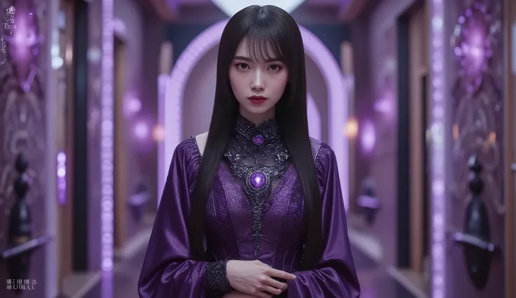  like a realistic 、Smooth and long  ( horse tail that can use dark magic - no bangs ) Black translucent hair , and黒い目and蛍光紫のマンダラが輝く目,  medium breasts ,  in the background She has intricate neon designs and 、 Cinematic lighting ,  she says 、with a complex p...
