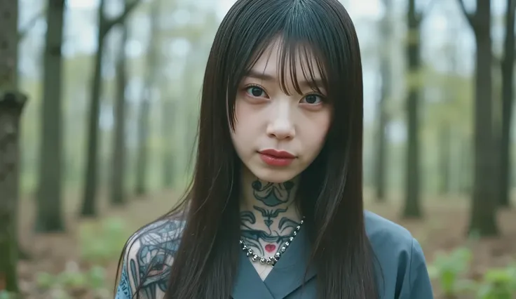 anime style image, Louis Royo style , Inspired by Cheng Yanjin,  Terrible Hair and Tattoos , wind,  particle, forestの背景, Full body standing, Splashes of Art, a quirky liquid portrait of a hauntingly beautiful dark werewolf woman, Retrofuturism with Spray P...