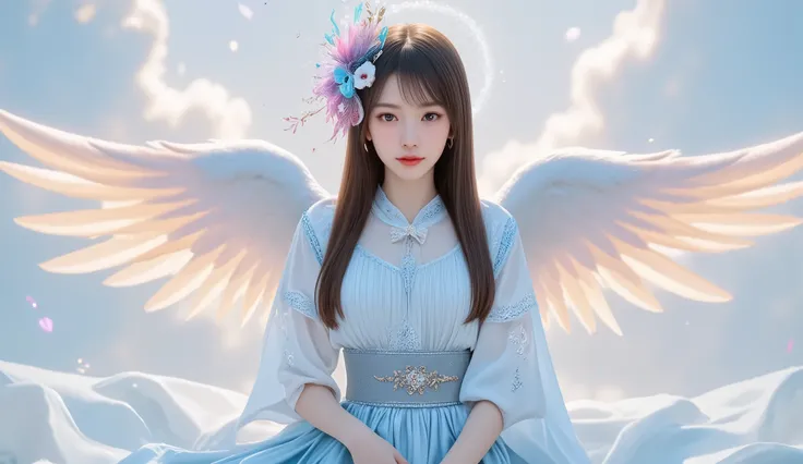 Beautiful female angel、I'm wearing a light blue ribbed top and a light blue skirt、 Colorful Feathers 