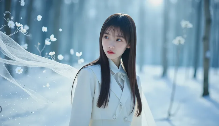 Nikon Z7 II Fantasy shot with a mirrorless camera,  Beautiful 20-year-old princess, cute,  White-bellied Swan,  magical white glowing flower light , wearing a white shining long clock、 petals、a woman's body is composed of white light particles, a woman's b...