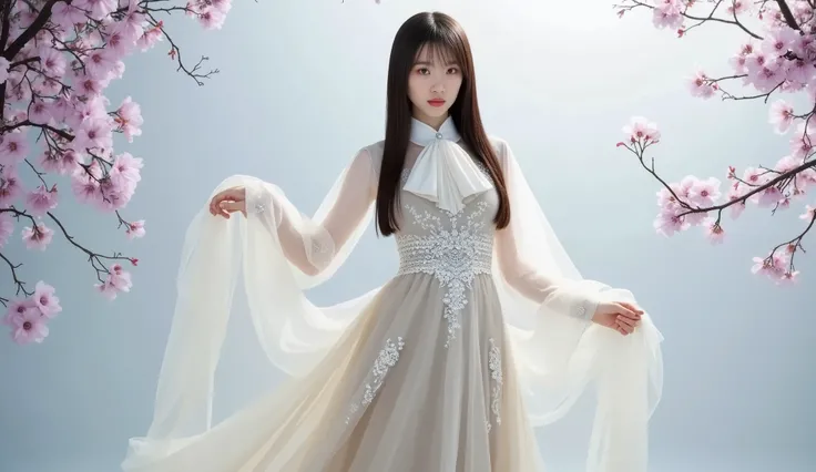 （ high resolution images in front of the teacher， ultra-detail）， official art, Unity 8k wallpaper, Super Detailed,   beautiful、aesthetic , masterpiece,  top quality ,Long Skirts，  skinny ， Wear a tulle dress with sparkling diamonds ，with a Food，Food， The m...