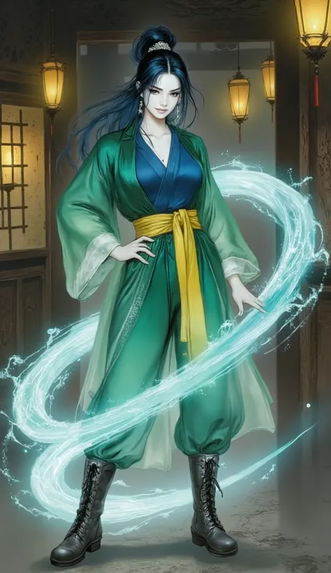 Masterpiece character concept art, cinematic full body portrait of a tall, proud, and untamable young wuxia e. She has long, flowing midnight-blue hair like a silken waterfall, a long side-swept fringe dramatically obscuring the right half of her face, add...