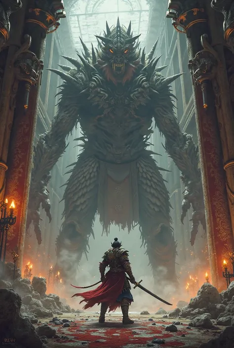 A warrior fighting a monster inside the feudal castle 