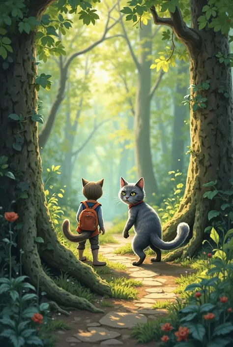 Appearance of the snake
• As they walk, the cute and adorable gray Lazaro cat and the other cat, a friendly snake in bright colors appear to them and offers to guide them, , sliding down a path between the roots of the trees. Can you generate them for a re...