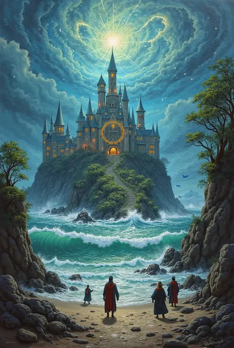 A magic school in a island surrounded by magic storms.oil paiting