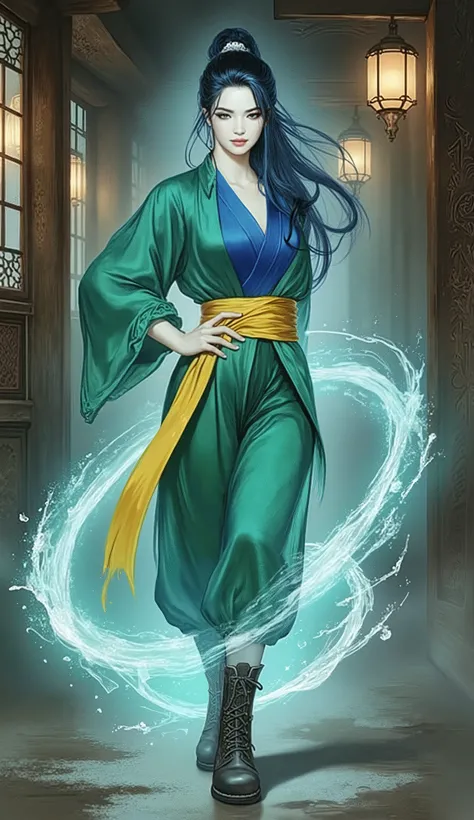 Masterpiece character concept art, cinematic full body portrait of a tall, proud, and untamable young wuxia e. She has long, flowing midnight-blue hair like a silken waterfall, a long side-swept fringe dramatically obscuring the right half of her face, add...