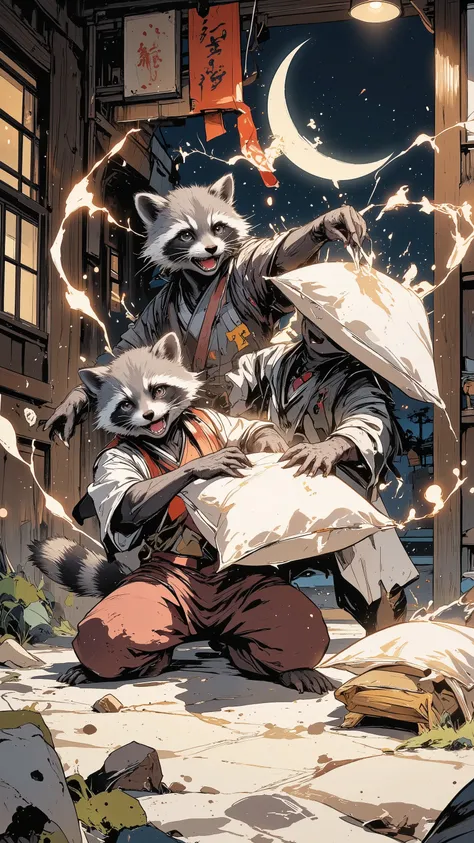 (best quality)))、(super high image quality)、(Super Detail)、(detailed description)、(Best CG ))、(masterpiece)、ArsMJStyle、(ink painting style) ,(from behind:1.2),2raccoon , Japanese clothing,moon night ,pillow fight,in a dynamic motion