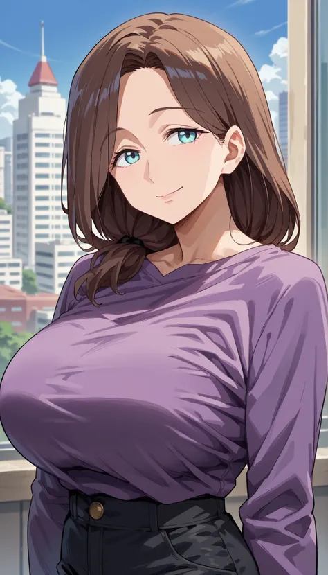 score_9, score_8_up, score_7_up, score_6_up, source_anime, BREAK 1girl, solo,   aimom, brown hair, hair over shoulder, mature female, purple shirt, long sleeves, black pants, large breasts, looking at you, smile, blue sky, city, upper body, serene smile