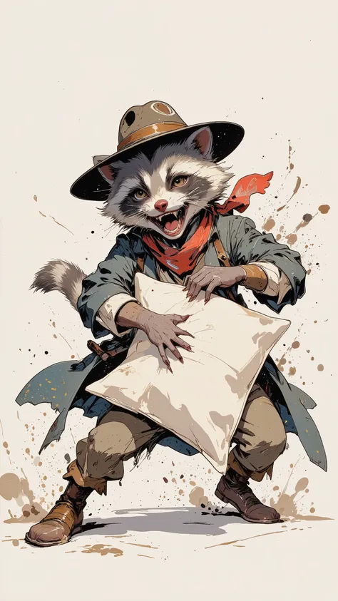 (best quality)))、(super high image quality)、(Super Detail)、(detailed description)、(Best CG ))、(masterpiece)、ArsMJStyle、(ink painting style) ,(from behind:1.2),raccoon ,cowboy shot,white back ground,pillow fight