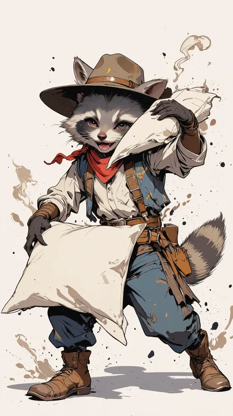 (best quality)))、(super high image quality)、(Super Detail)、(detailed description)、(Best CG ))、(masterpiece)、ArsMJStyle、(ink painting style) ,(from behind:1.2),raccoon ,cowboy shot,white back ground,pillow fight