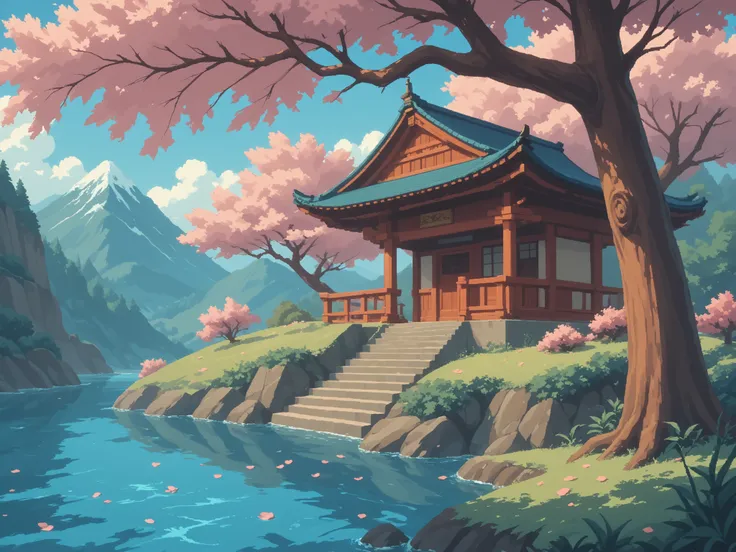 "Pixel art scene of a serene traditional Japanese landscape, with blooming cherry blossom trees (sakura) gently shedding petals. Include a small torii gate near a tranquil river, traditional wooden houses with curved rooftops, and distant misty mountains. ...