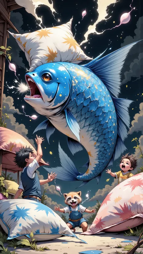 Big fish,in a dynamic motion,pillow fight