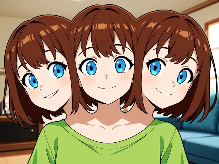 anime girl with three heads, conjoined, brown hair, blue eyes, smiling, green t-shirt, portrait, living room
