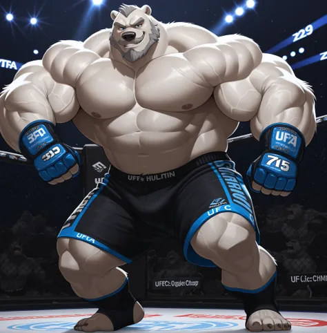 huge muscular polar bear in UFC MMA fight tournament, big hulking champ, grunts smirk, polar bear, huge white fur, thick arm, huge arm, 7’2ft, 595lbs, added thick gray mustache with beard, short gray hair, (veiny muscular, pectoral, wide pectoral, thick ar...