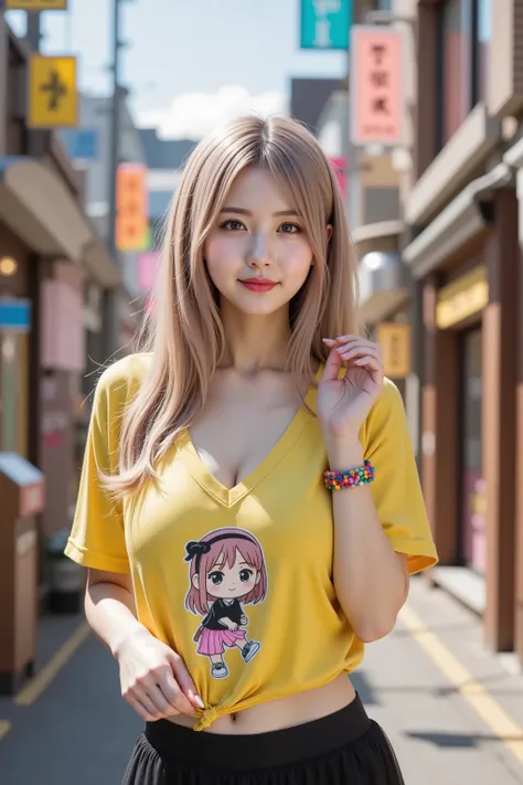 hair styled in aplatinum blonde, gold hair, A 20-year-old Japanese woman with long, wavy, dyed pastel pink and lavender streaked light hair, an expressive and cheerful smile, recording a vlog with a small handheld camera on a gimbal, gesturing enthusiastic...