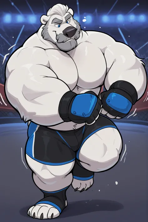 huge muscular polar bear at ZPD's gym, big strength, polar bear, huge white fur, thick arm, huge arm, added thick gray mustache, added thick gray beard. Short white hair, (thick muscular, pectoral, wide pectoral, thick arms), height: 7’2ft, weight: 579lbs,...