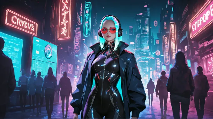 ((A Slavic-type girl in the cyberpunk style)) should have a bright and memorable appearance, combining elements of futurism and urban culture. Bright, neon, or metallic hair colors, possibly with gradients or strands. Futuristic makeup with sparkles, graph...