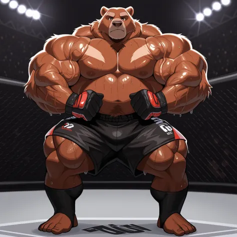 DISNEY ANIMATIONS. 8k, masterpiece, Kodiak bear, male, solo, Kodiak bear, thick swole overweight muscular, athletic, masculine, (nice eyes, eyes with pupils), UFC MMA gloves with red pads, black UFC MMA shorts with red lines, black toeless socks, UFC MMA U...