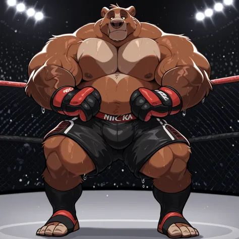DISNEY ANIMATIONS. 8k, masterpiece, Kodiak bear, male, solo, Kodiak bear, thick swole overweight muscular, athletic, masculine, (nice eyes, eyes with pupils), UFC MMA gloves with red pads, black UFC MMA shorts with red lines, black toeless socks, UFC MMA U...