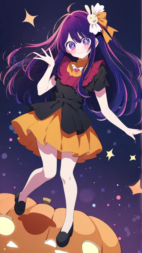 SDXL hoshino air/hoshino ai | Oshi no ko| Ai Hoshino| My favorite , source_anime, Atoms, Full body style,  ( (    Halloween cosplay black and orange      :1.3))