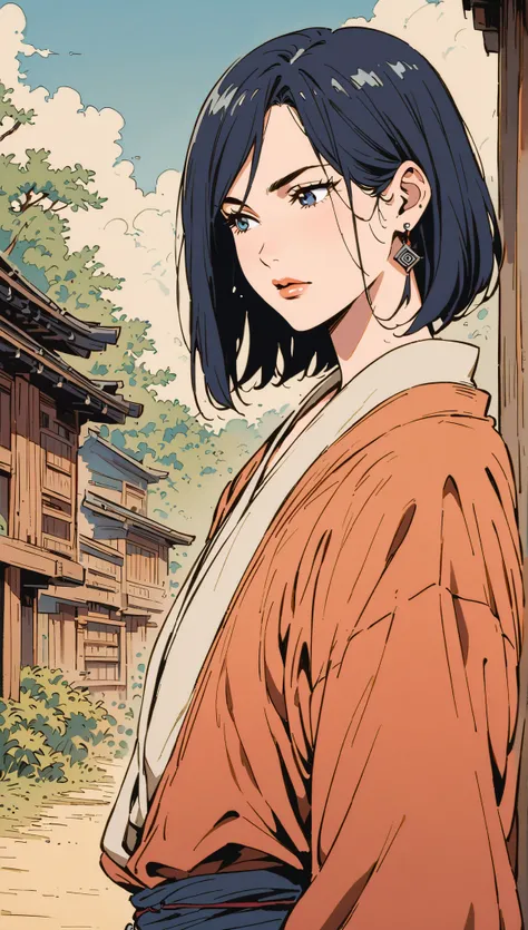 vintage movie, girl, short hair, ((navy hair)), hair between her eyes, straight hair, woman body, cute earrings, ((dressed like hyuuga neji from naruto)), dutch angle, hyuga clan, shinobi village, konohagakure, (((perfect lips))), perfect hair, looking dow...