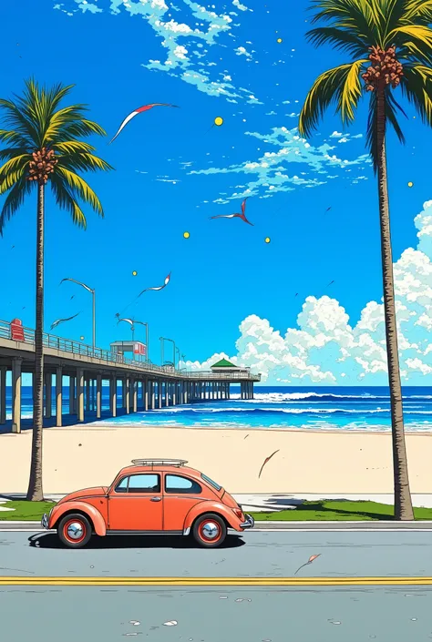 80's city pop art, beach, ( Wind power line ), palm tree, particle, 1966 Volkswagen Beetle type-1, viewer, Pier, . ( masterpiece, top quality:1.2)masterpiece, Details during the meal, ultra-high precision, Look Around, bird's Eye View