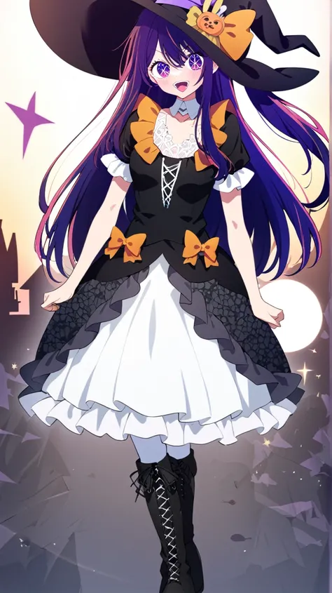 SDXL hoshino air/hoshino ai | Oshi no ko| Ai Hoshino| My favorite ,white shirts, (Detailed Halloween costumes with ruffles,witch hat:1.3), short sleeve, witch hat negro con cinta naranja , Black lace dress with orange bow on the neck - black boots with white lace tights 