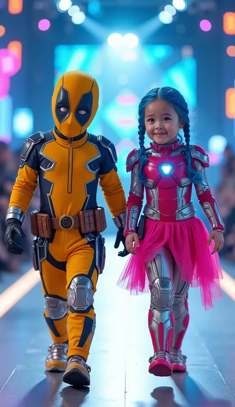 character: 1 toddler boy with mask full head wearing yellow Deadpool body suit with silver armor futuristic blue accents , and 1 Toddler girl blue hair Two braids hair Long Wearing futuristic pink Ironman body suit with silver armor futuristic blue accent...