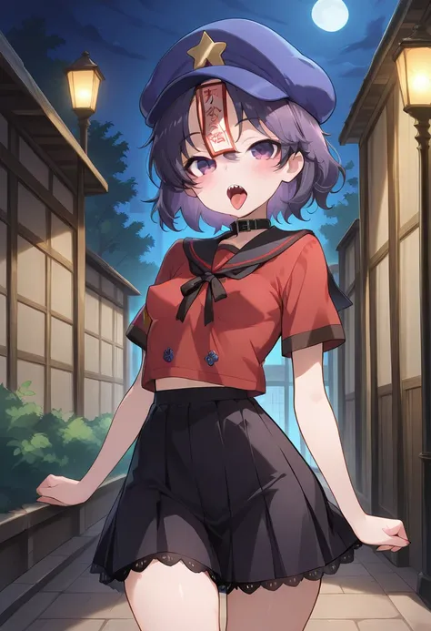 cute, schoolgirl, (solo), (1girl), (Alone), yoshika miyako,  Orient, zombie, RED SHIRT,  purple cabbie hat , Forehead bill, black collar, lace trim, black skirt, ((small breasts)), ((Perky breasts)), (skinny body), (tight waist), (skinny body), wide hips, thighs, purple hair, PURPLE EYES, My skin is white, stares at viewers, Standing, cuteポーズ,  extended arm , Open Mouth, tongue out, (sharp teeth), Blush, (outdoor), (At night), (masterpiece), (top quality), (perfect eyes), (Very High Resolution), (perfect face), (Beautiful Face), 