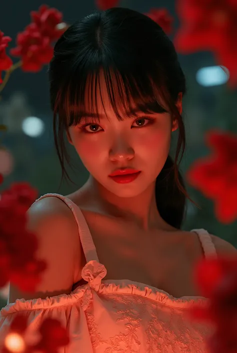 An award-winning high-quality, realistic professional image of An award-winning high-quality, realistic professional photograph, An Asian Princess Sexy in the darkness of night- in the style of light orange and dark aquamarine, exaggerated facial features,...