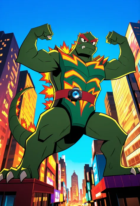 cartoon green Godzilla, giant kaiju, green skin, cartoon 2d style, black eyes, bigger cartoon eyes, male, solo, sharp claws, detailed monster, flexing, serious expression, full body, city background, blue sky background, epic scene, dramatic lighting, cine...