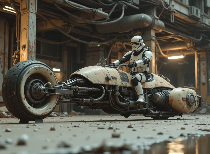 cinematographic photograph using the rule of thirds and composition on planes Photo a 3/4 full body shot counterposed at ground level,  soft light, unmarked contrasts, a retro-futuristic flying motorcycle (Speeder bike) Flying ( bike) inspired by motorcycl...