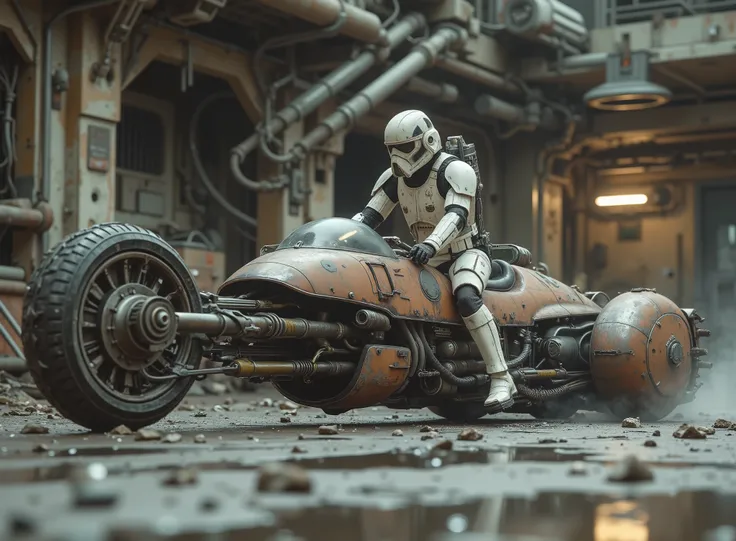 cinematographic photograph using the rule of thirds and composition on planes Photo a 3/4 full body shot counterposed at ground level,  soft light, unmarked contrasts, a retro-futuristic flying motorcycle (Speeder bike) Flying ( bike) inspired by motorcycl...