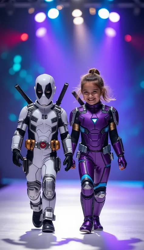 character: 1 toddler boy with mask full head wearing white Deadpool body suit with silver armor futuristic blue accents with Two swords on the back, and 1 Toddler girl Wearing futuristic purple Ironman body suit with silver armor futuristic blue accents,...