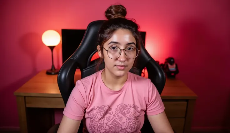 A young woman, likely in her late s or early twenties, of South Asian descent, is seated in a black leather gaming chair. She is centered in the frame and is facing directly at the viewer. Her brown hair is pulled back in a bun. She wears round-framed e...