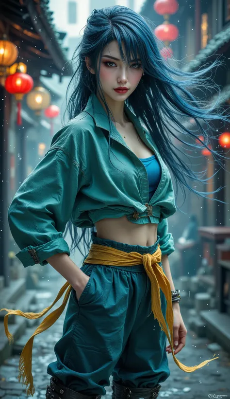 (masterpiece, best quality, highres, intricate details), 1girl, solo, a tall young woman, wuxia e, proud and wild personality, standing, hand on hip pose.
Flowing long dark blue hair, long side-swept bangs covering her right face.
Thick upturned eyebrows, ...