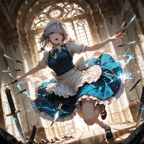 1girl\((izayoi sakuya(touhou)), open mouth, looking at viewer, medium breasts,flying, full body,flying,floating\), (multiple knives), knife throw, (flying knives), (knives in foreground:1.3), (knives in motion blur), epic, sparkle, particles , glowing,embe...
