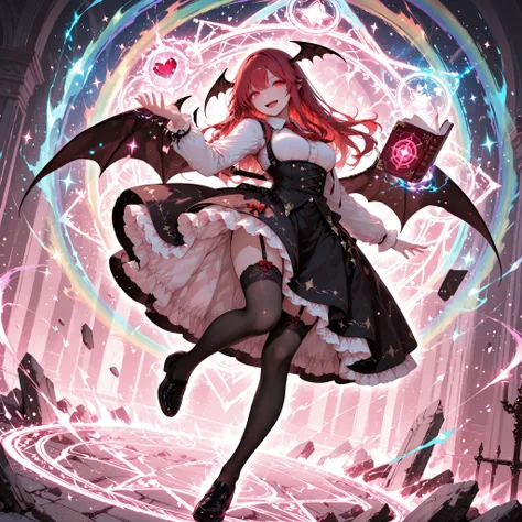 1girl\((koakuma(touhou)),open mouth, smile, looking at viewer,breasts, underbust,petticoat, black thighhighs, garter straps, black shoes, belt, holding, book, holding book,flying,dynamic pose, standing on one leg, magic circle,solo, BREAK,epic, sparkle, pa...
