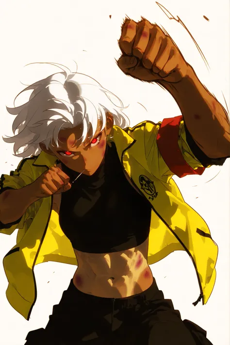 Beautiful, athletic body, toned body, alone, female, , white hair, red black eye, tanned, black sleeveless turtleneck shirt, yellow sport jacket with red armband, Rolled up sleeve , black cargo pants, , intricate sketch, expressive eyes, nose and mouth, sh...