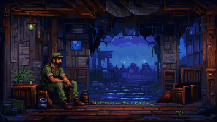 A tired male survivor with a beard and worn-out cap sits on the floor inside an abandoned house. He's wearing improvised clothes, rugged and dirty from surviving a zombie apocalypse. A travel backpack is placed beside him. A small candle burns next to him...