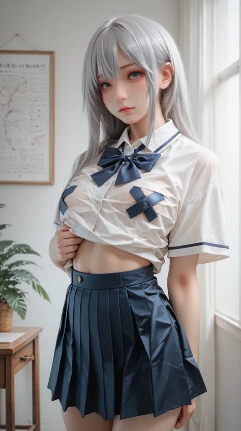 (thick nipple under paper nipple Pastie), blue pleats skirt, highschool uniform, 1 highschool bag, silver hair,