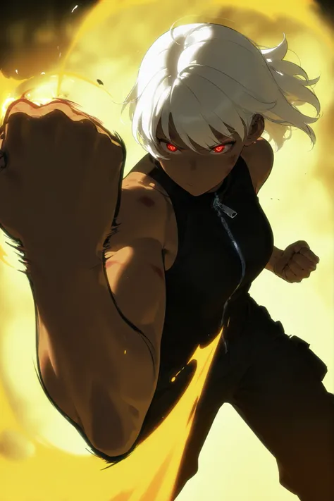 Beautiful, athletic body, toned body, alone, female, kneed lenght white hair, red black eye, tanned, black and white sleeveless turtleneck shirt with a red zipper, black cargo pants , intricate sketch, expressive eyes, nose and mouth, punching pose, bruise...