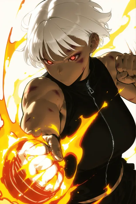 Beautiful, athletic body, toned body, alone, female, kneed lenght white hair, red black eye, tanned, black and white sleeveless turtleneck shirt with a red zipper, black cargo pants , intricate sketch, expressive eyes, nose and mouth, punching pose, bruise...