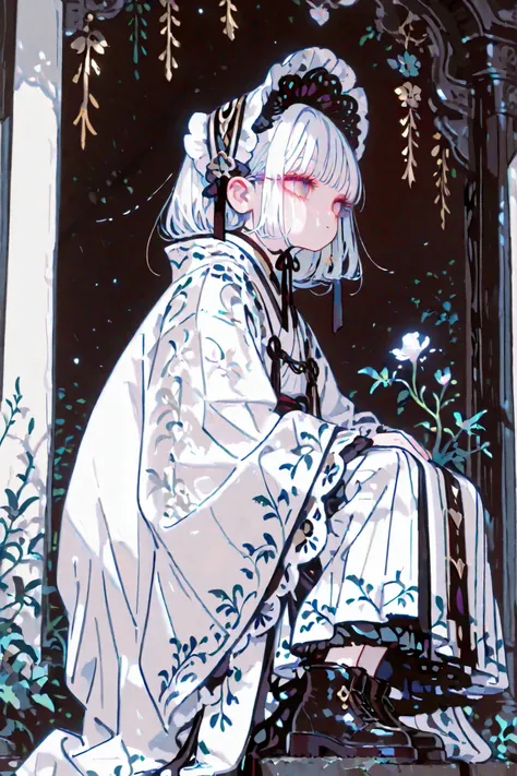 fantasy, white theme, wide shot,

1 girl, solo, (和ロリ), ankle boots, headdress, japanese style, 

masterpiece, (detailed beautiful face and eyes:1.2), super detailed skin, highly detailed background, elaborately designed clothes, intricately embroidered clo...