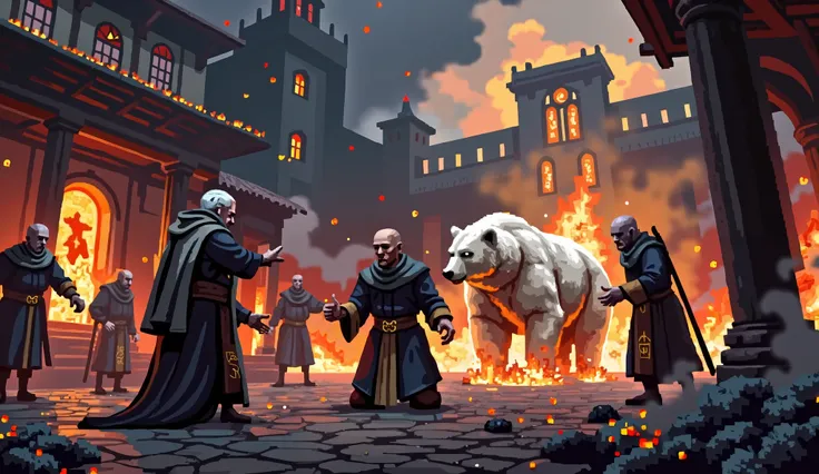A highly detailed pixel art scene set within the smoldering courtyard of a monastery under siege. The monastery is engulfed in flames—fire tearing through wooden beams, stained glass shattering in the background, and smoke coiling upward into a dark, starl...