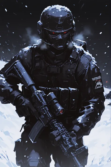 1boy, soldier, special forces, black vest and black soldier suit. Face special forces mask, holding a rifle, M4A4, background snowstorm, snow. Swatt equipment. Dark colors.