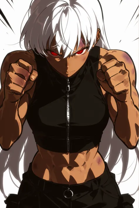 Beautiful, athletic body, toned body, alone, female, very long white hair, red black eye, tanned, black sleeveless turtleneck tactical shirt with a zipper, black cargo pants , intricate sketch, expressive eyes, nose and mouth, abs, punching pose, bruised f...