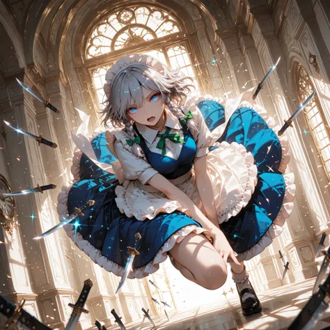 1girl\((izayoi sakuya(touhou)), open mouth, looking at viewer, (cyan glowing eyes:0.6),emedium breasts,flying, full body,flying,floating\), (multiple knives), knife throw, (flying knives), (knives in foreground:1.3), (knives in motion blur), epic, sparkle,...